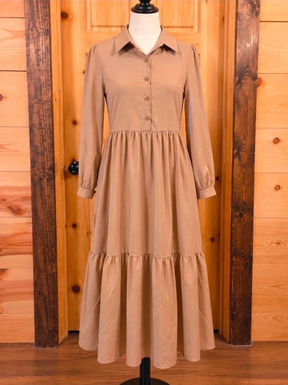 Long Sleeve Tiered Maxi Dress in Tan